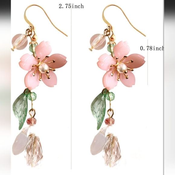 64. NWOT Cute Pink Flower Pearl Leaf Fairy Dangle Statement Earrings - Picture 5 of 5